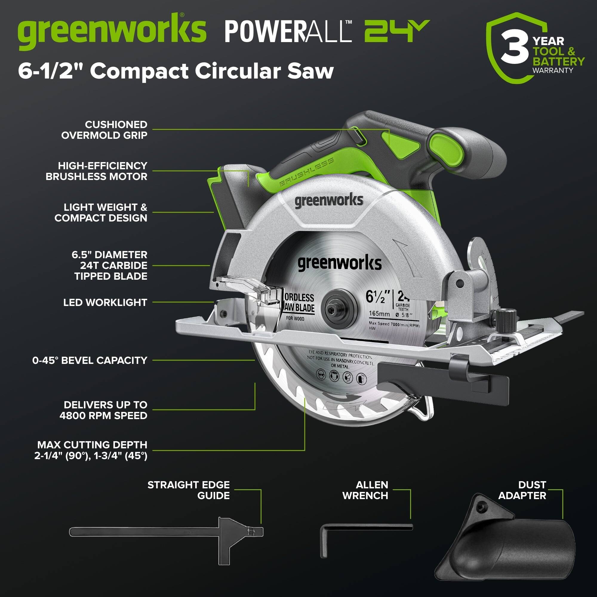 greenworks POWERALL 24Y 6-1/2" Compact Circular Saw  
YEAR 3 TOOL & BATTERY WARRANTY  
CUSHIONED OVERMOLD GRIP  
HIGH-EFFICIENCY BRUSHLESS MOTOR  
LIGHT WEIGHT & COMPACT DESIGN  
6.5" DIAMETER 24T CARBIDE TIPPED BLADE  
LED WORKLIGHT  
0-45° BEVEL CAPACITY  
DELIVERS UP TO 4800 RPM SPEED  
MAX CUTTING DEPTH 2-1/4" (90°), 1-3/4" (45°)  
STRAIGHT EDGE GUIDE  
ALLEN WRENCH  
DUST ADAPTER
