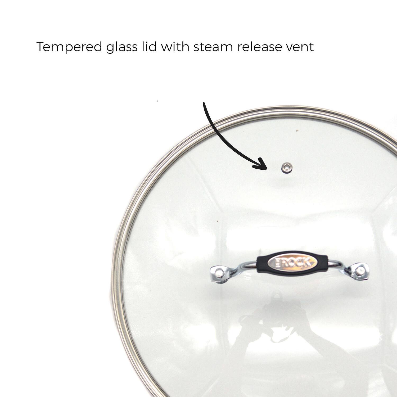 Tempered glass lid with steam release vent