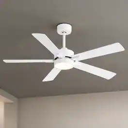 Breezary - 52-Inch Ceiling Fan, LED Light, 5 Plywood Blades, 6-Speed DC Motor, Remote, 3-Color, Timer, Memory Downrod Mount - White