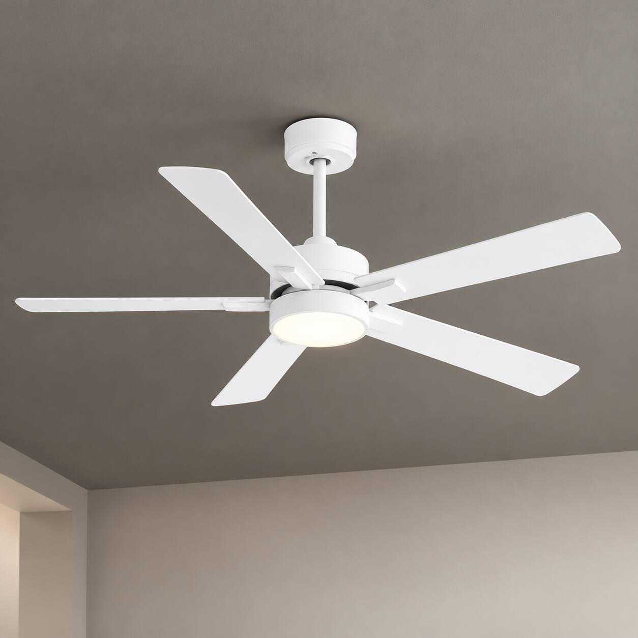 Front. Breezary - 52" Modern Indoor Ceiling Fan with LED Light, 5 Reversible Plywood Blades, 6-Speed DC Motor, Remote, Timer, 5" Downrod - White.