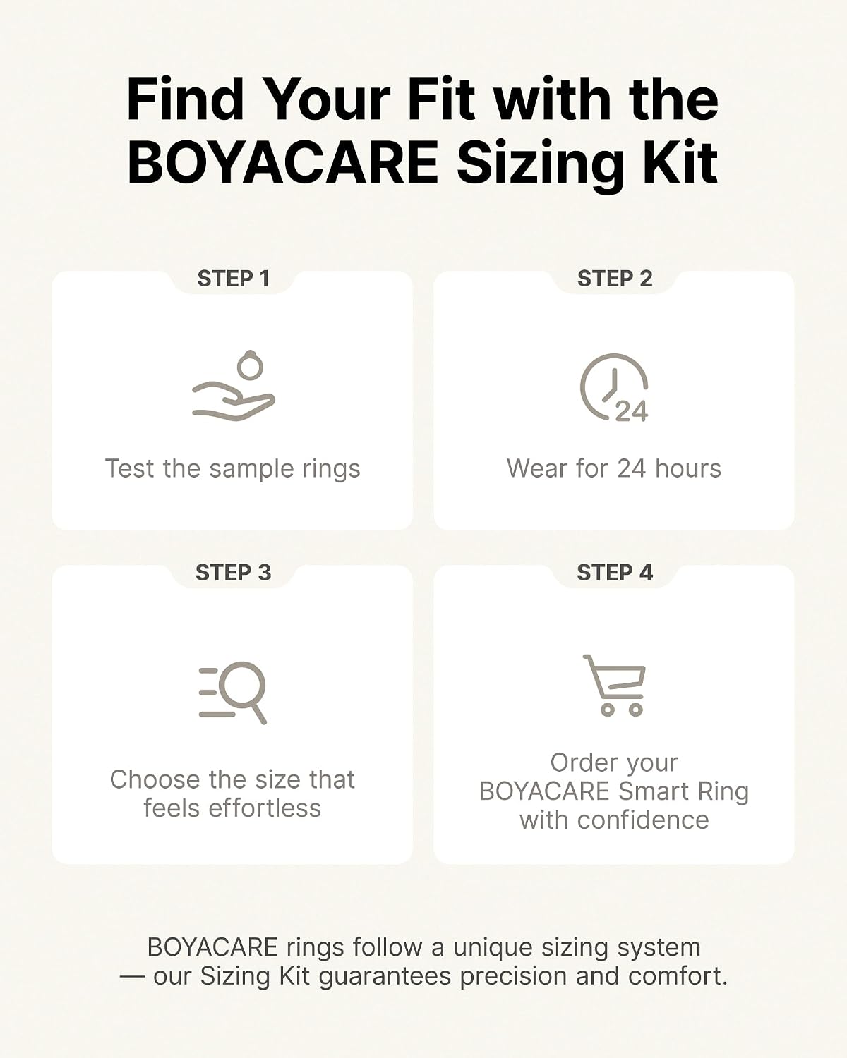 Find Your Fit with the BOYACARE Sizing Kit

STEP 1
Test the sample rings

STEP 2
Wear for 24 hours

STEP 3
Choose the size that feels effortless

STEP 4
Order your BOYACARE Smart Ring with confidence

BOYACARE rings follow a unique sizing system — our Sizing Kit guarantees precision and comfort.