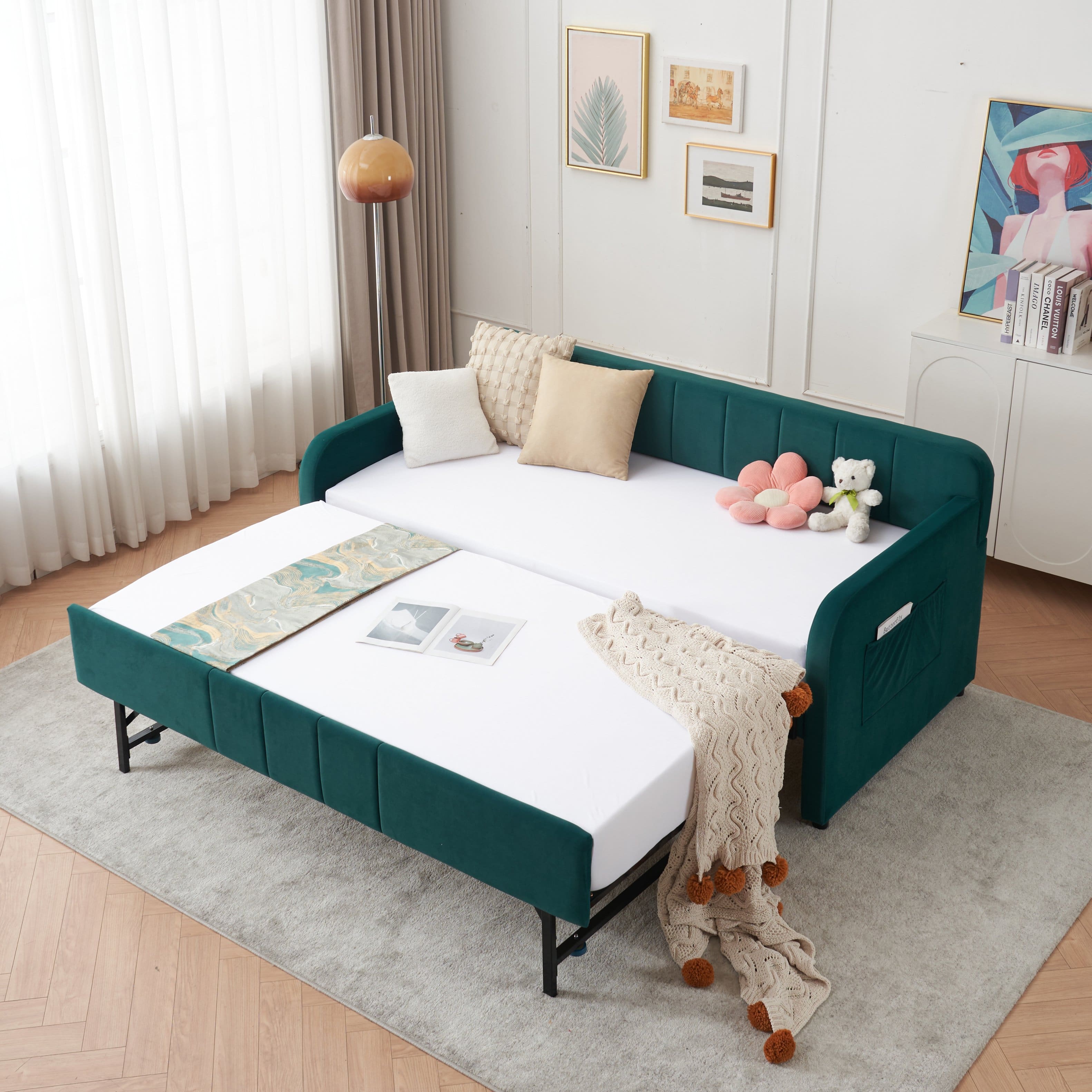 Trinkets Crazed - Twin Size Daybed with Trundle, Twin to King Design Extendable Sofa Bed, Upholstered Corner Day Bed Frame - Emerald