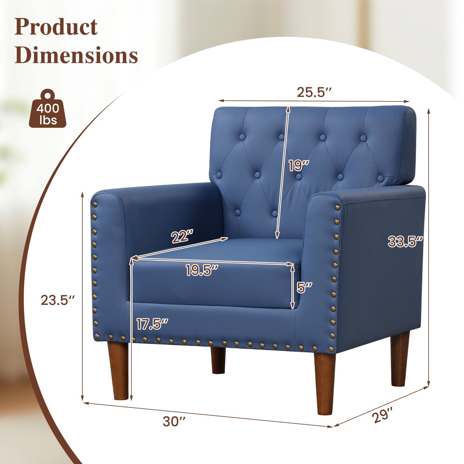 Product Dimensions
400 lbs
25.5"
19"
22"
33.5"
23.5"
19.5"
5"
17.5"
30"
29"