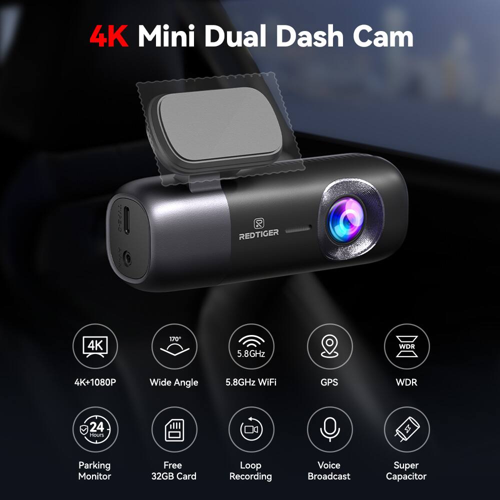 4K Mini Dual Dash Cam 2VPE-D REDTIGER 4K+1080P 170° Wide Angle 5.8GHz WiFi GPS WDR 24 Hours Parking Monitor Free 32GB Card Loop Recording Voice Broadcast Super Capacitor