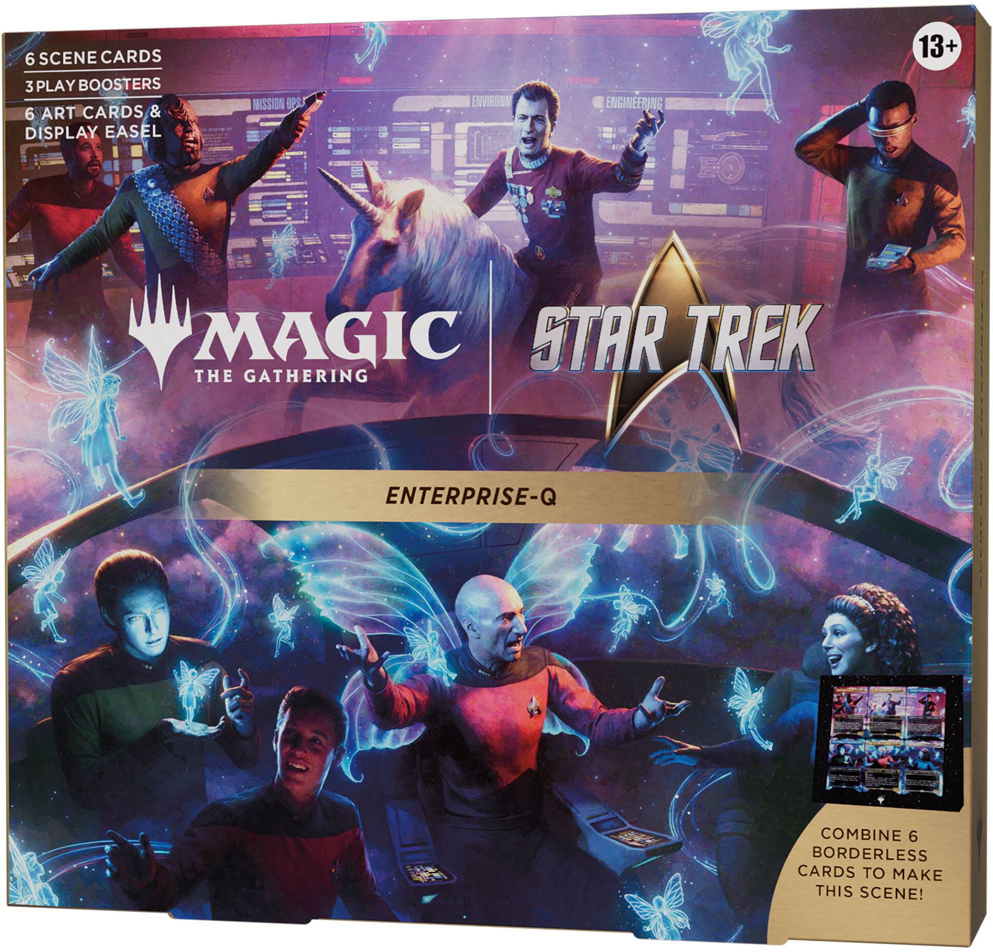 6 Scene Cards  
3 Play Boosters  
6 Art Cards & Display Easel  
Mission BPS  
Environment Engineering EO  
13+  
Magic: The Gathering  
Star Trek  
Enterprise-Q  
Combine 6 Borderless Cards to Make This Scene!