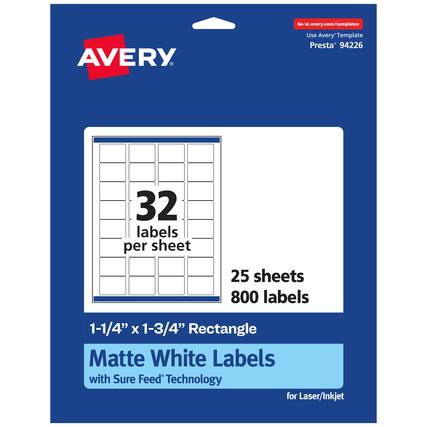 Go to avery.com/templates
AVERY
Use Avery™ Template Presta® 94226
32 labels per sheet
25 sheets 800 labels
1-1/4" x 1-3/4" Rectangle Matte White Labels with Sure Feed Technology for Laser/Inkjet
