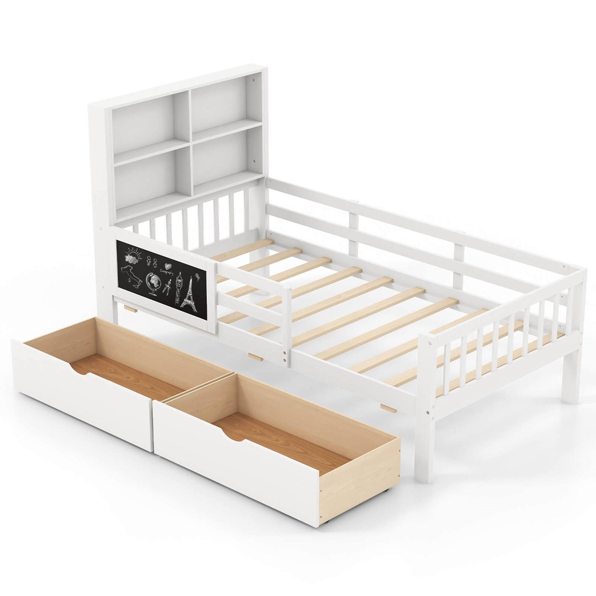 Costway - Twin Size Bed Frame with 2 Drawers Bookcase & Blackboard Full-length Guardrails - White
