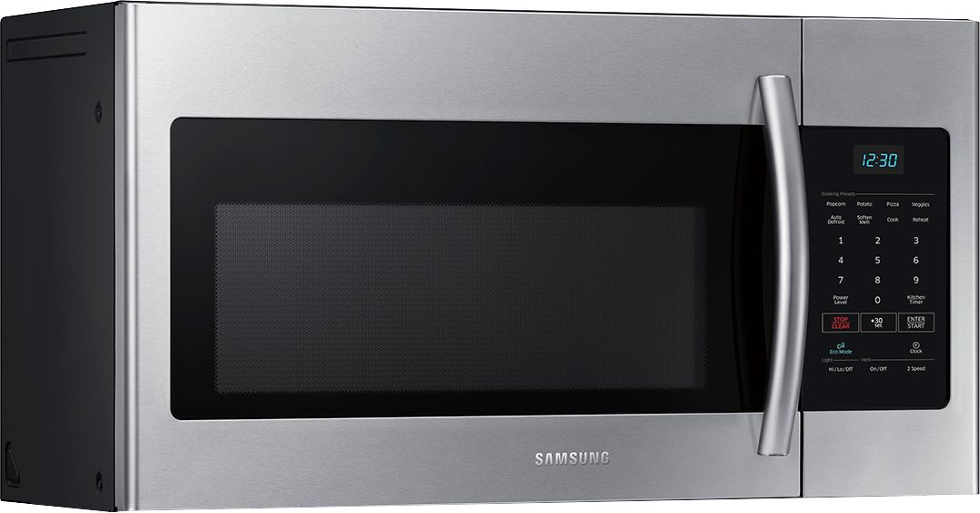 Angle View: Samsung - 1.6 cu. ft.  Over-the-Range Fingerprint Resistant  Microwave - Stainless steel