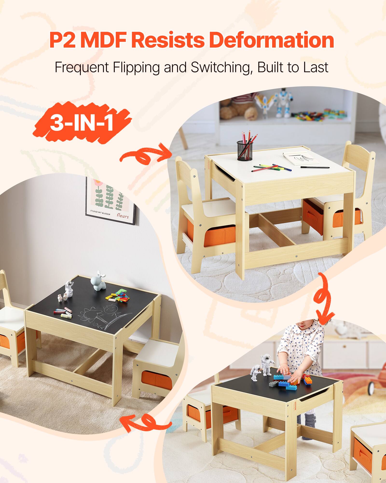 P2 MDF Resists Deformation  
Frequent Flipping and Switching, Built to Last  
3-IN-1