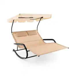 Pefilos - Outdoor 2 Persons Rocking Chaise with Canopy and Wheels, Glider Chair for Porch,Backyard,Indoor Garden Chaise Lounge - Beige