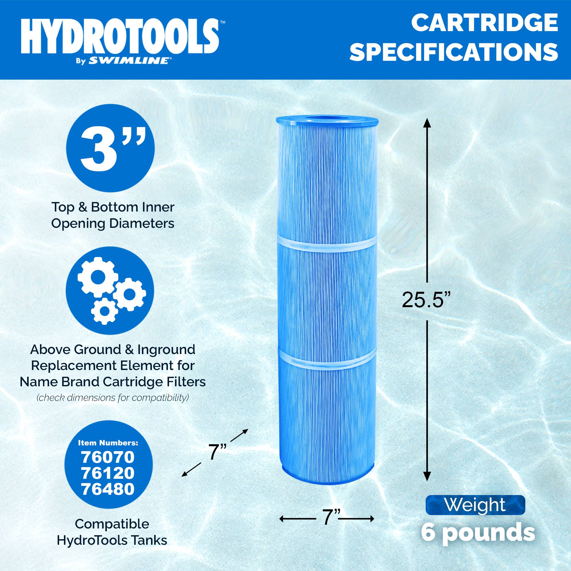 HYDROTOOLS  
By SWIMLINE  

CARTRIDGE SPECIFICATIONS  

3"  
Top & Bottom Inner Opening Diameters  

Above Ground & Inground Replacement Element for Name Brand Cartridge Filters  
(check dimensions for compatibility)  

Item Numbers:  
76070  
76120  
76480  

Compatible HydroTools Tanks  

25.5"  

Weight  
6 pounds  

7"  
7"