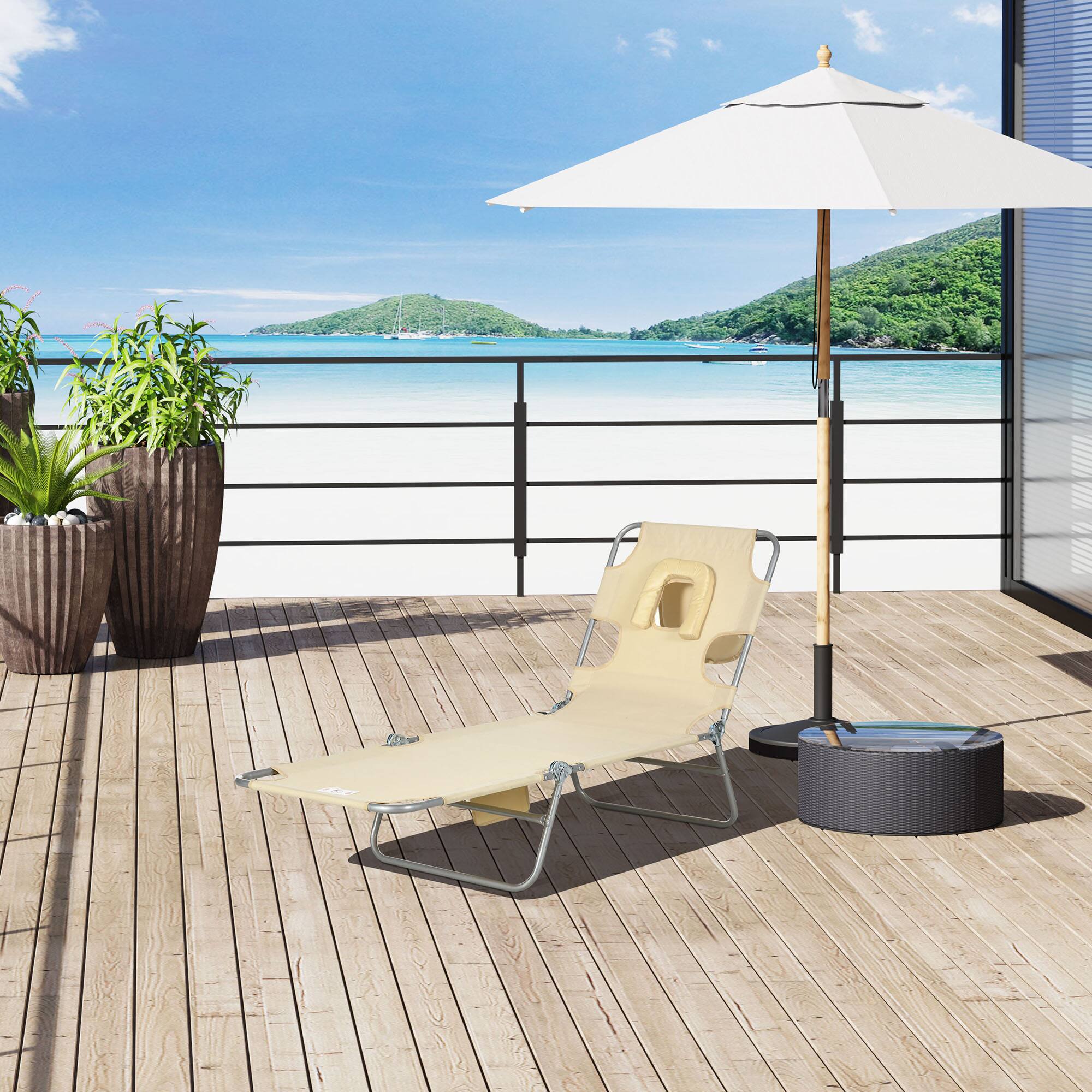 Alt View 1. Outsunny - Chair with Face Hole, 5-Level Adjustable Outdoor Chaise Lounge Chair with Pillow for Beach - Beige.