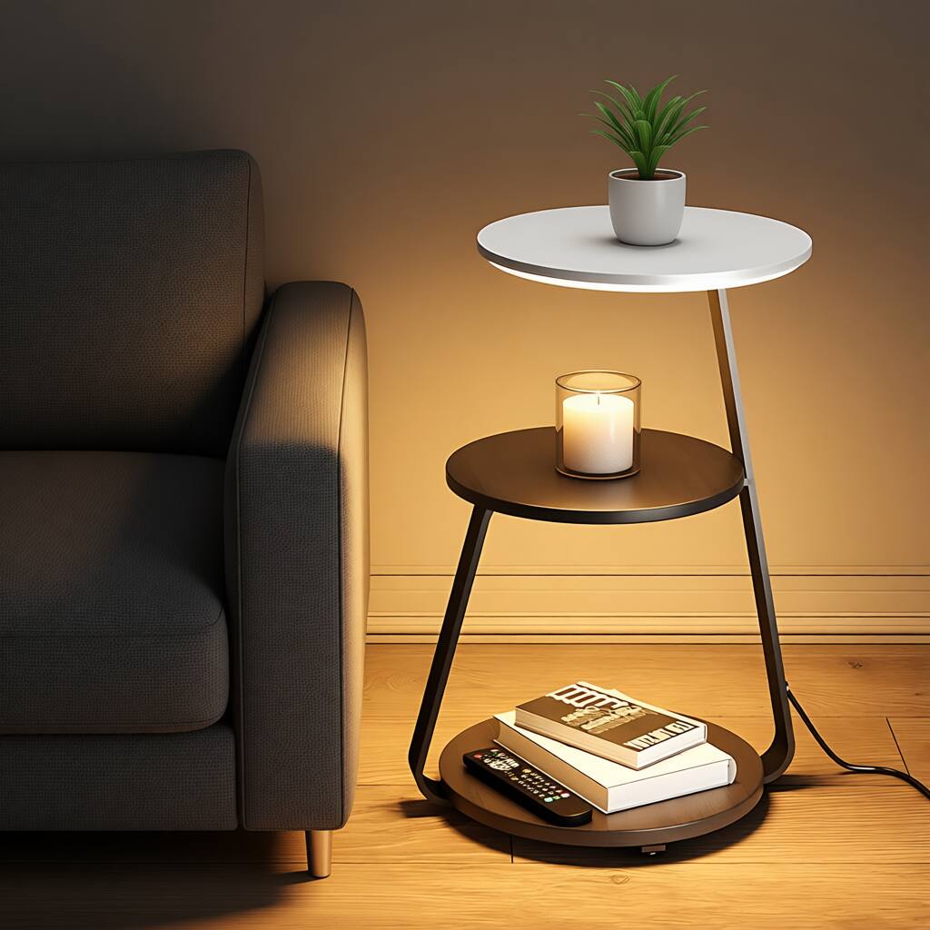 Left. VIVZONE - 3-Tier Nightstand with Integrated Light and Charging Station - Brown, White.