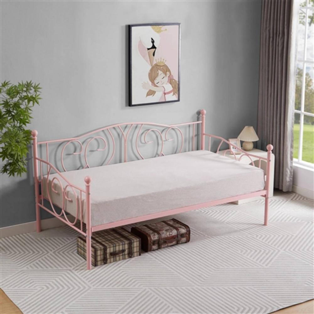 Left. Hivvago - Twin size Victorian Pink Metal Daybed Frame - 350 lbs. Weight Capacity - Pink.
