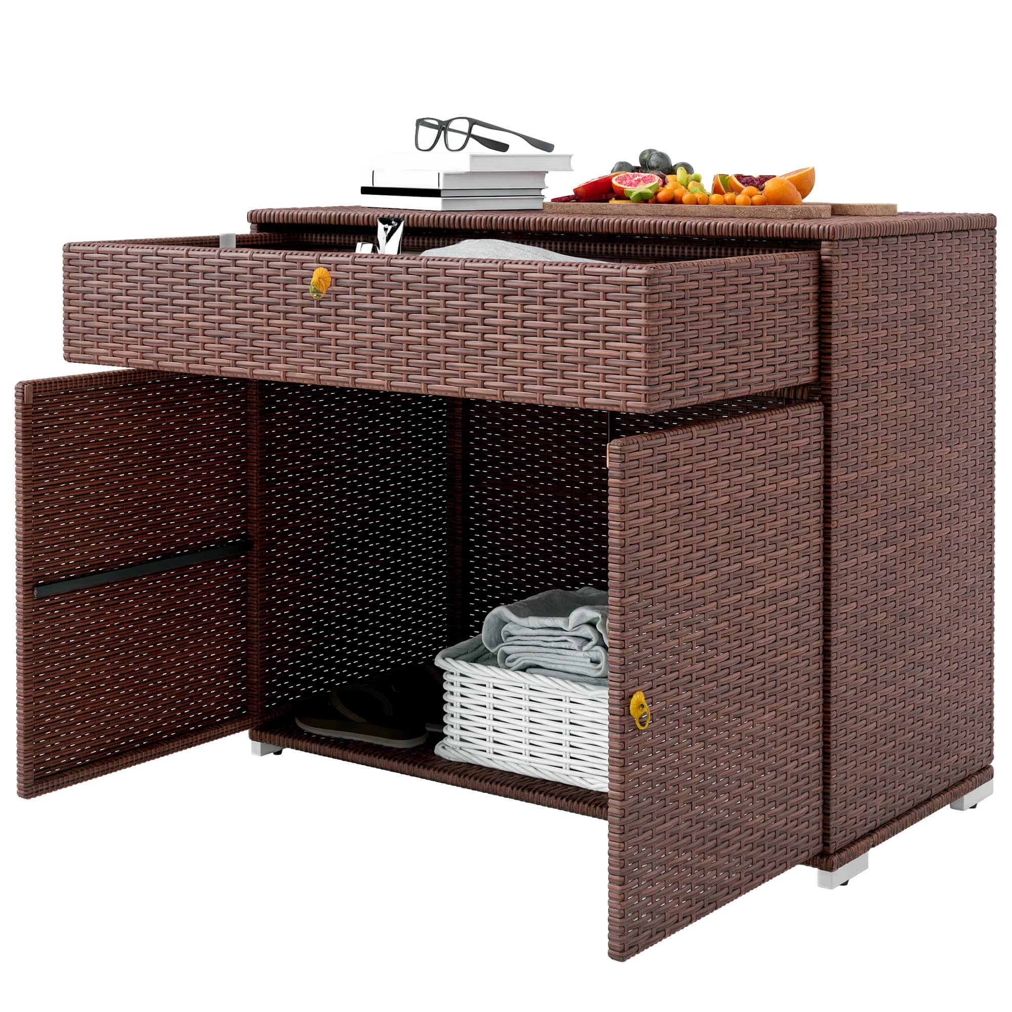 Outsunny - Storage Cabinet, Waterproof PE Rattan Cabinet with Drawer for Indoor, Outdoor Swimming Pool - Brown