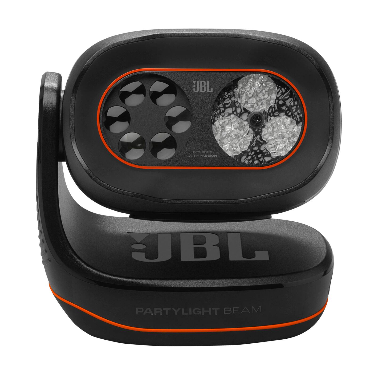 JBL PartyLight Beam is a black and orange device with a light on it.