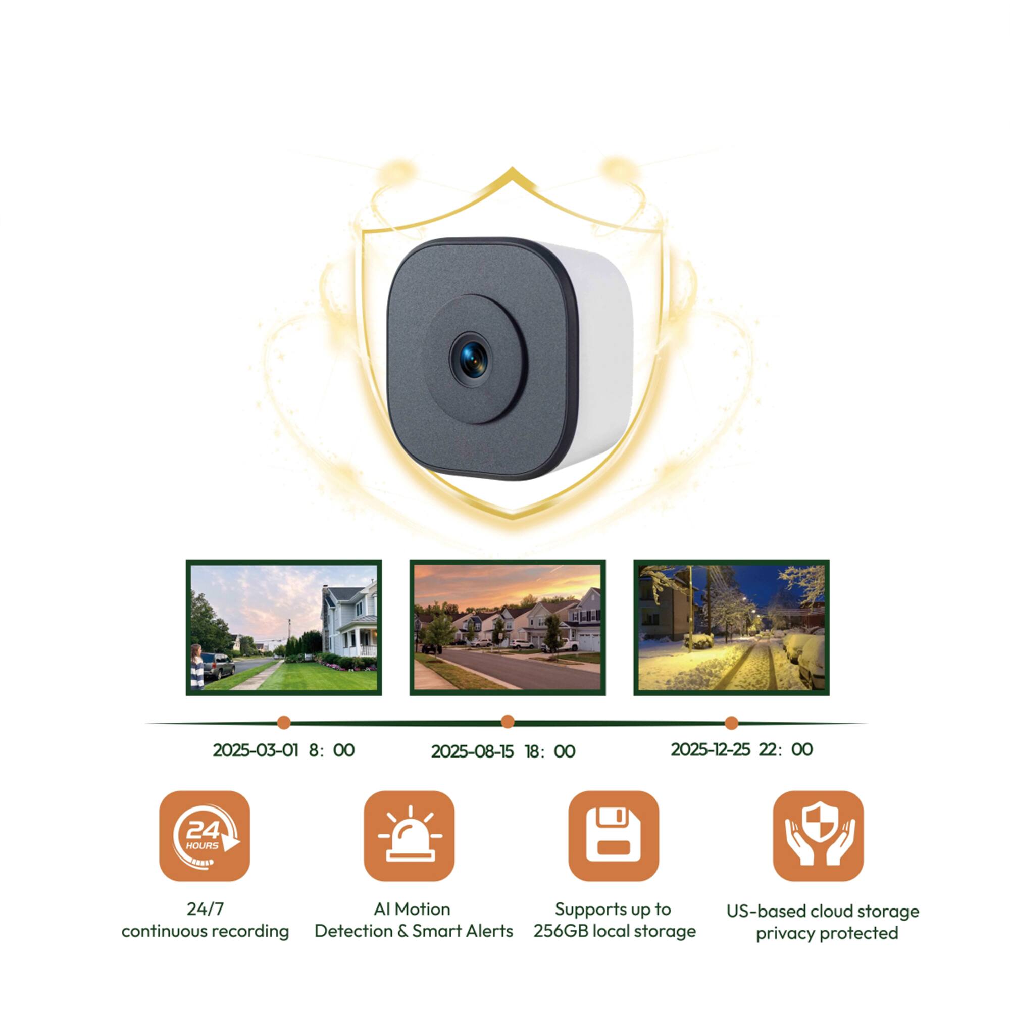 2025-03-01 8:00  
2025-08-15 18:00  
2025-12-25 22:00  

24/7 continuous recording  
AI Motion Detection & Smart Alerts  
Supports up to 256GB local storage  
US-based cloud storage privacy protected