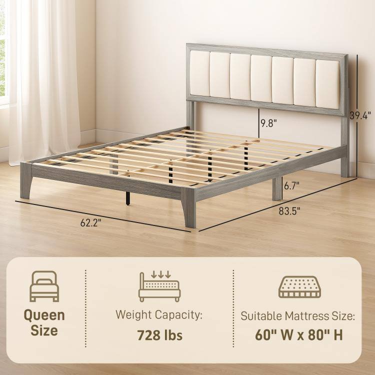 9.8"  
39.4"  
6.7"  
62.2"  
83.5"  

Queen Size  
Weight Capacity: 728 lbs  
Suitable Mattress Size: 60" W x 80" H