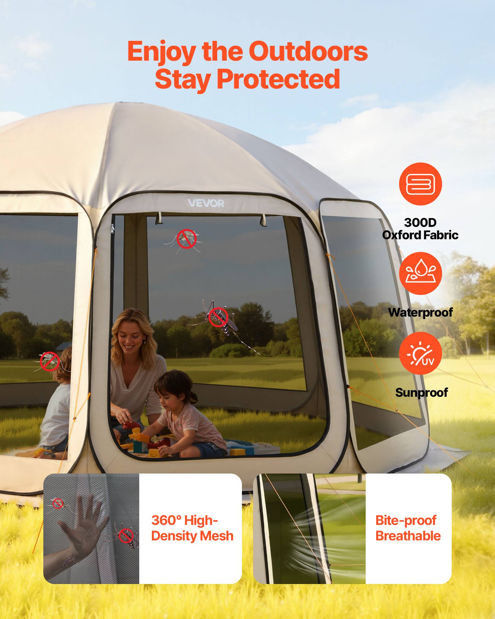 Enjoy the Outdoors Stay Protected

VEVOR 300D Oxford Fabric Waterproof UV Sunproof 360° High-Density Mesh Bite-proof Breathable