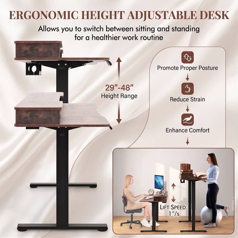 ERGONOMIC HEIGHT ADJUSTABLE DESK  
Allows you to switch between sitting and standing for a healthier work routine  
Promote Proper Posture  
29"-48" Height Range  
Reduce Strain  
Enhance Comfort  
LIFT SPEED: 1"/s