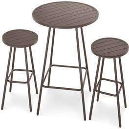 Best Choice Products - 3-Piece Steel Patio Bar Height Round Bistro Set w/ Backless Stools, Slatted Design - Taupe