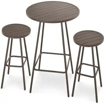 Front. Best Choice Products - Best Choice Products 3-Piece Steel Patio Bar Height Round Bistro Set w/ Backless Stools, Slatted Design - Taupe - Taupe.