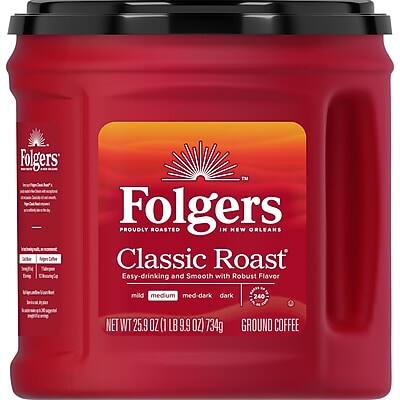 Folgers  
Proudly Roasted in New Orleans  

Classic Roast  
Easy-drinking and Smooth with Robust Flavor  

Mild Medium Med-Dark Dark  

Net WT 25.9 OZ (1 LB 9.9 OZ) 734g  

Ground Coffee