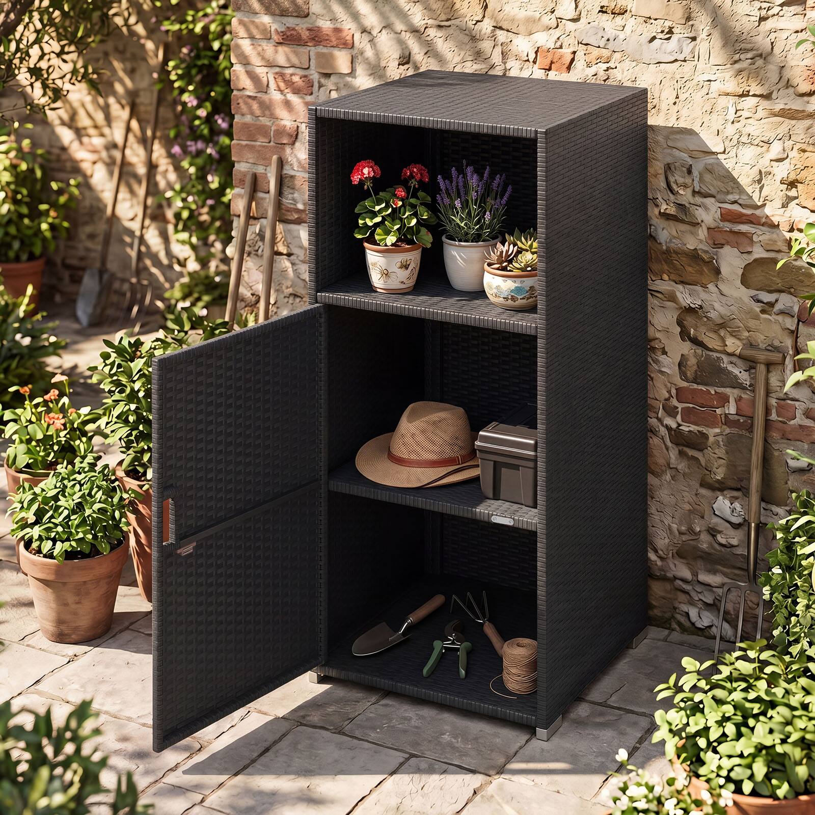 Alt View 5. Costway - Costway Outdoor Storage Cabinet PE Wicker Buffet Sideboard with Shelf Open & Compartment - Black.