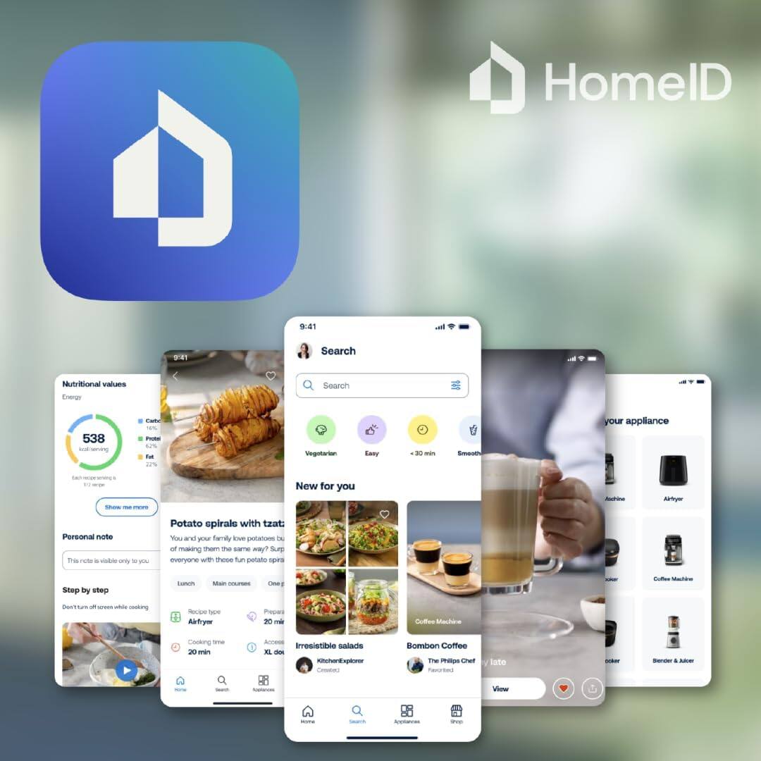 HomelID

9:41

Search

Nutritional values
Energy 538 kcal per serving
Carbs 18% Protein 4% Fat 1%

Vegetarian Easy

Personal note
This note is visible only to you

Step by step
Don't turn off-screen while cooking

Potato spirals with tzatziki
You and your family love potatoes but making them the same way? Surprise everyone with these fun potato spirals!

New for you

Irresistible salads
Created by KitchenExplorer

Bombon Coffee
The Philips Chef

your appliance
Airfryer
Coffee Machine

View