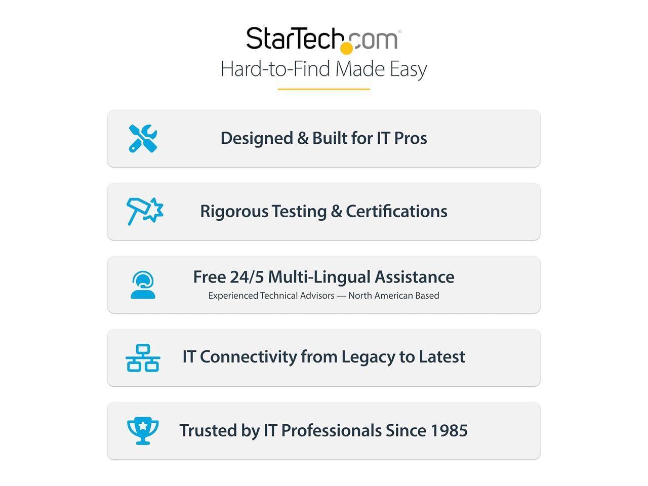 StarTech.com  
Hard-to-Find Made Easy  
Designed & Built for IT Pros  
Rigorous Testing & Certifications  
Free 24/5 Multi-Lingual Assistance  
Experienced Technical Advisors — North American Based  
IT Connectivity from Legacy to Latest  
Trusted by IT Professionals Since 1985