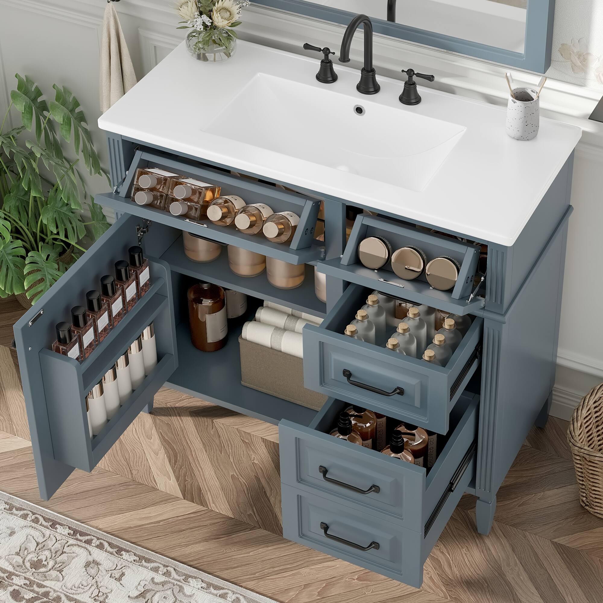 Front. TinyHomie - 36Inch Bathroom Vanity with Ceramic Sink Top Solid Wood Frame and MDF Cabinet with Adjustable Shelf and Metal Handles - Blue Gray.
