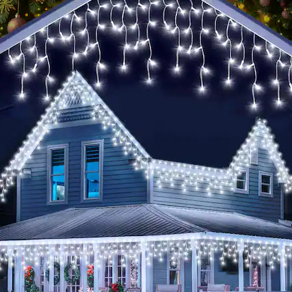 Front. MOVSSOU - 99FT Icicle Lights 1216 LED Christmas Lights 228 Drops White Curtain String Light 8 Modes Twinkling Fairy Lights - white.