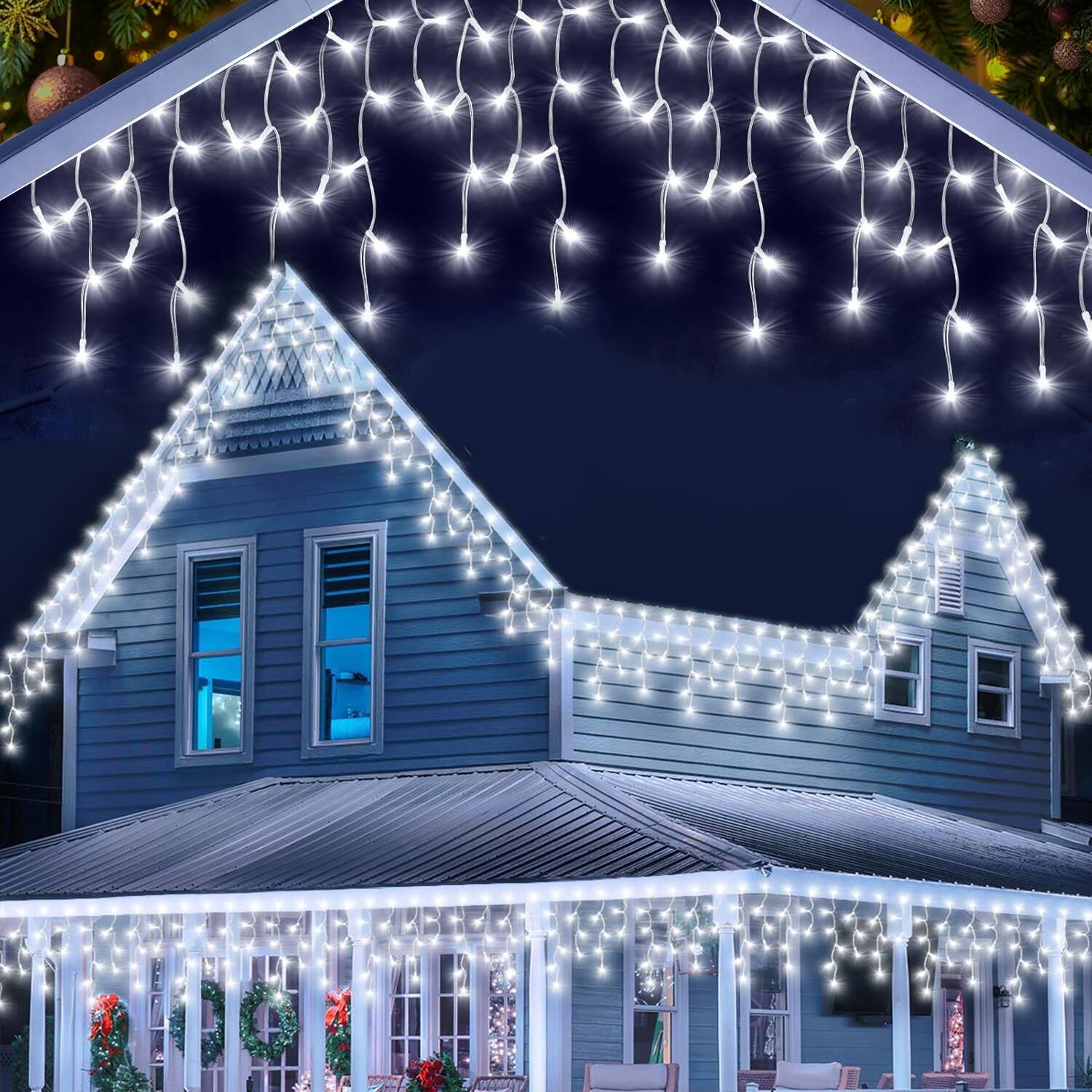 MOVSSOU - 99FT Icicle Lights 1216 LED Christmas Lights 228 Drops Curtain String Light 8 Modes Twinkling Fairy Lights - White