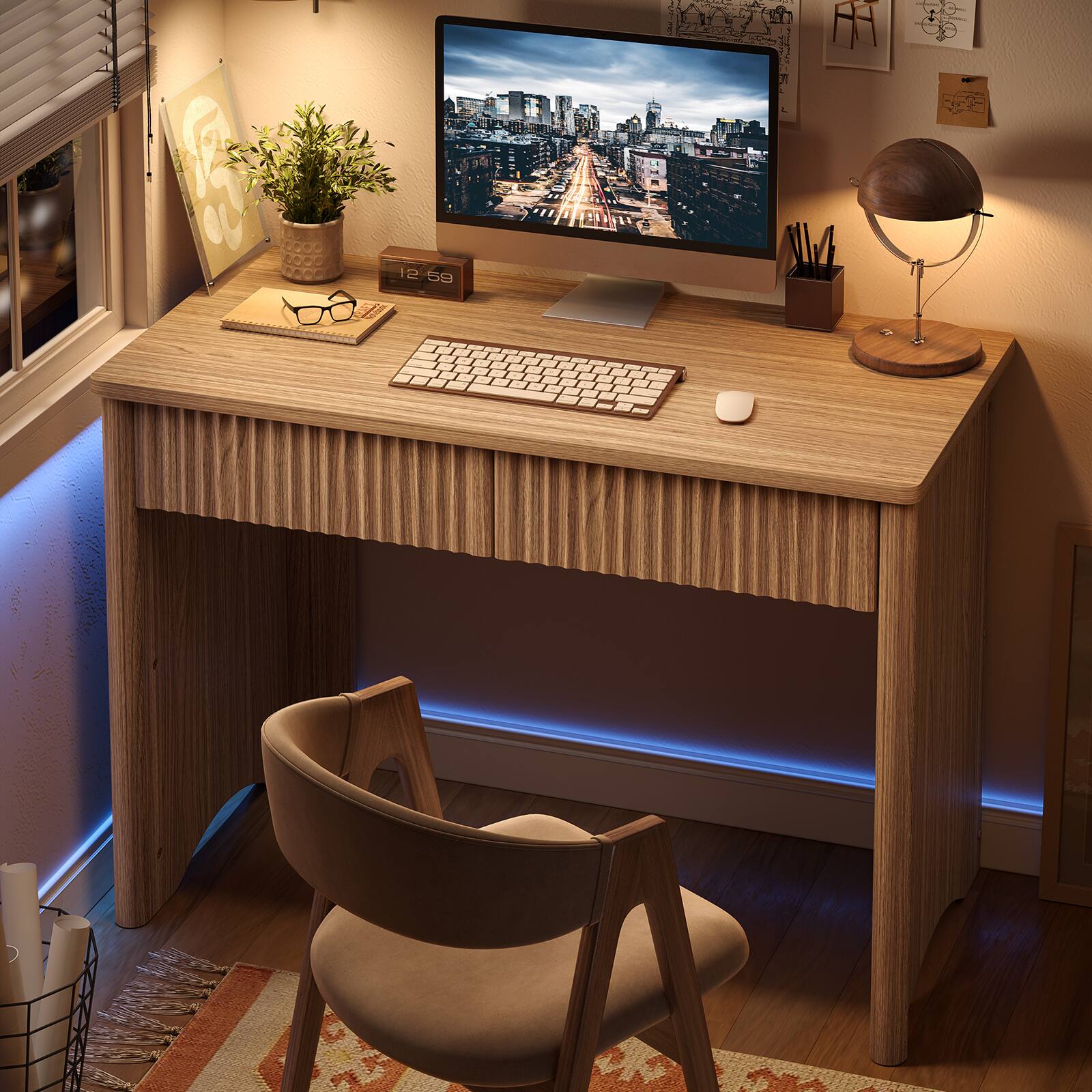 Alt View 2. Bestier - 40 inch Compact Office Desk with 2 Drawers Modern Fluted Home Office Desk for Small Spaces and Apartments - Brown Oak.