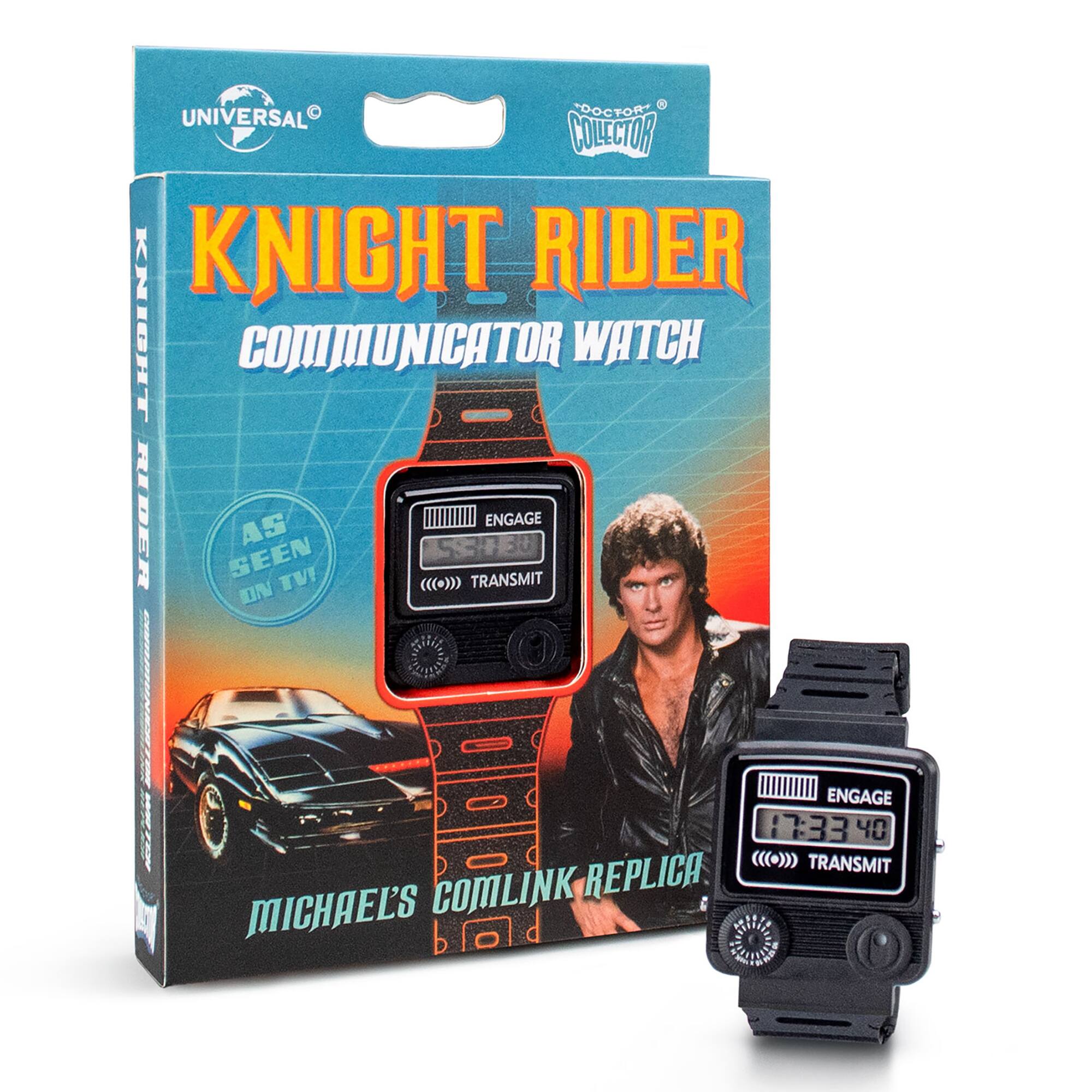 The text on the image reads: "Universal Collector Knight Rider Communicator Watch. Seen as TVI 59317.30. Transmit Engage on Engage 7:334 40. Transmit Comlink Replica Michael's."