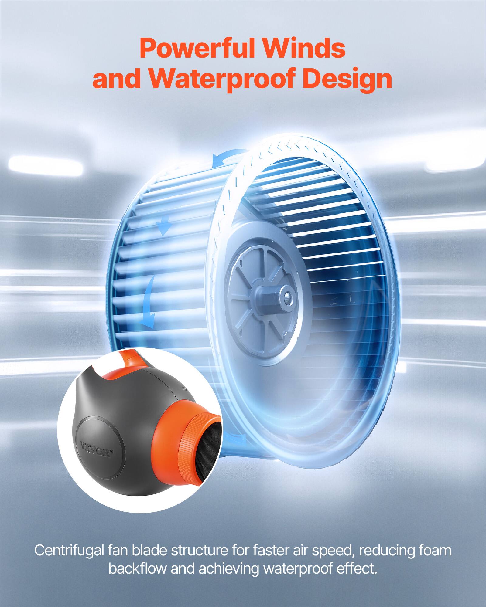 Powerful Winds and Waterproof Design

VEVOR Centrifugal fan blade structure for faster air speed, reducing foam backflow and achieving waterproof effect.