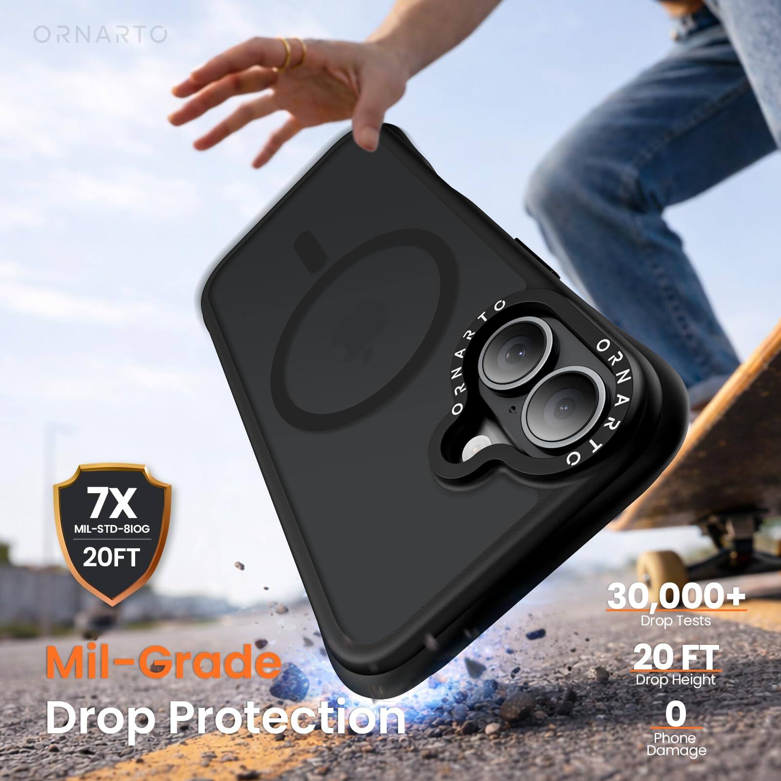 ORNARTO  
ORNARTO 7X MIL-STD-810G 20FT  
Mil-Grade Drop Protection  
30,000+ Drop Tests  
20 FT Drop Height  
0 Phone Damage
