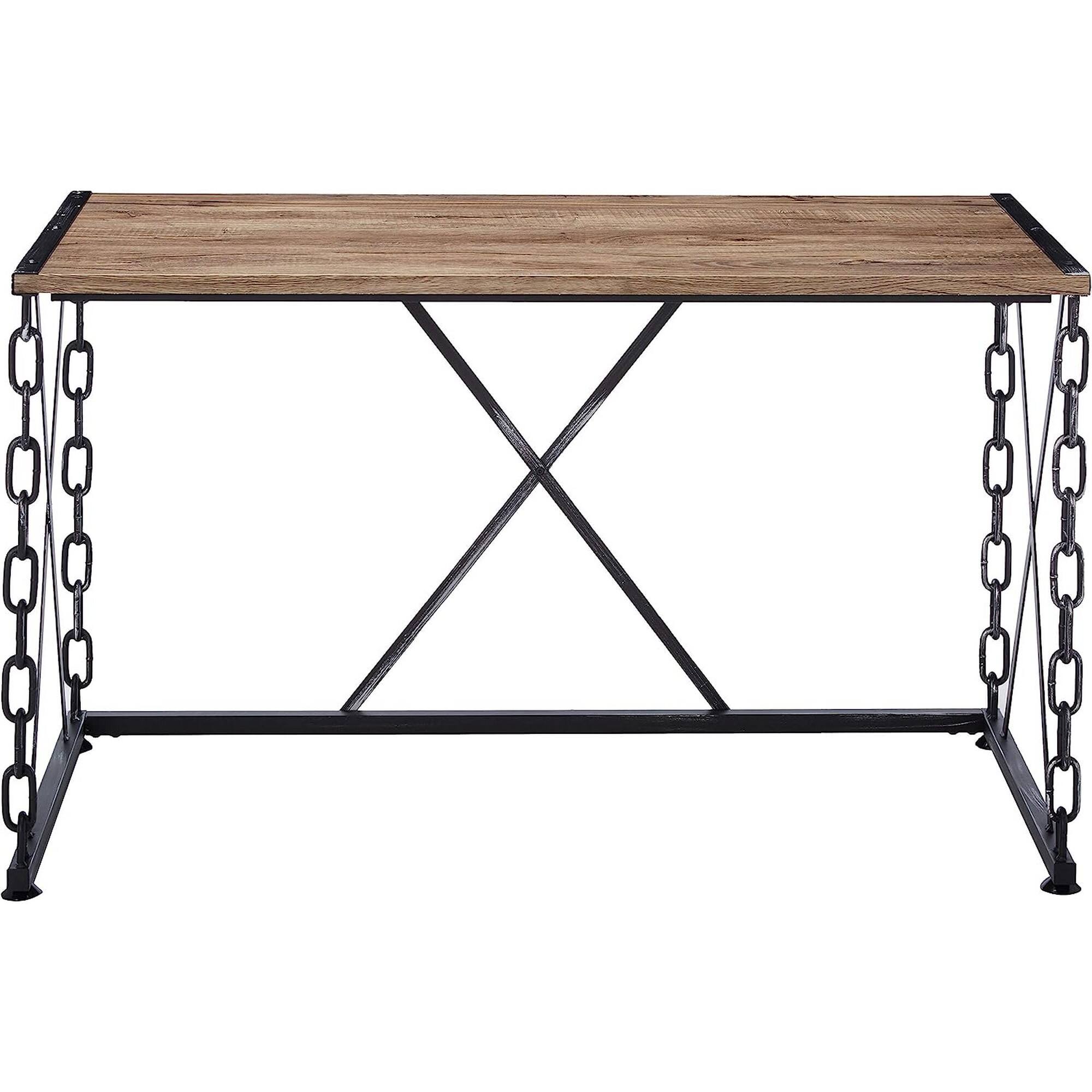 Angle. Manhattan Lane - Wooden Desk With Metal 'X' Frame, Rustic Oak Brown - Brown.