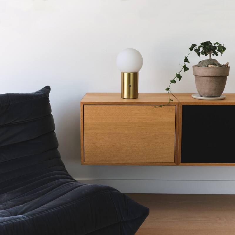 Alt View 5. Brightech - Kai LED Modern Contemporary Round Globe Dimmable Bedside Nightstand Desk Lamp with Fast Charging USB Port - Antiqued Brass.