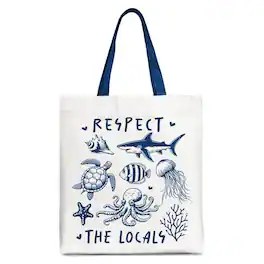 OrnamentallyYou - Respect the Locals Ocean Animals Canvas Tote Bag, Cute Vacation Gift Shopper - White Navy