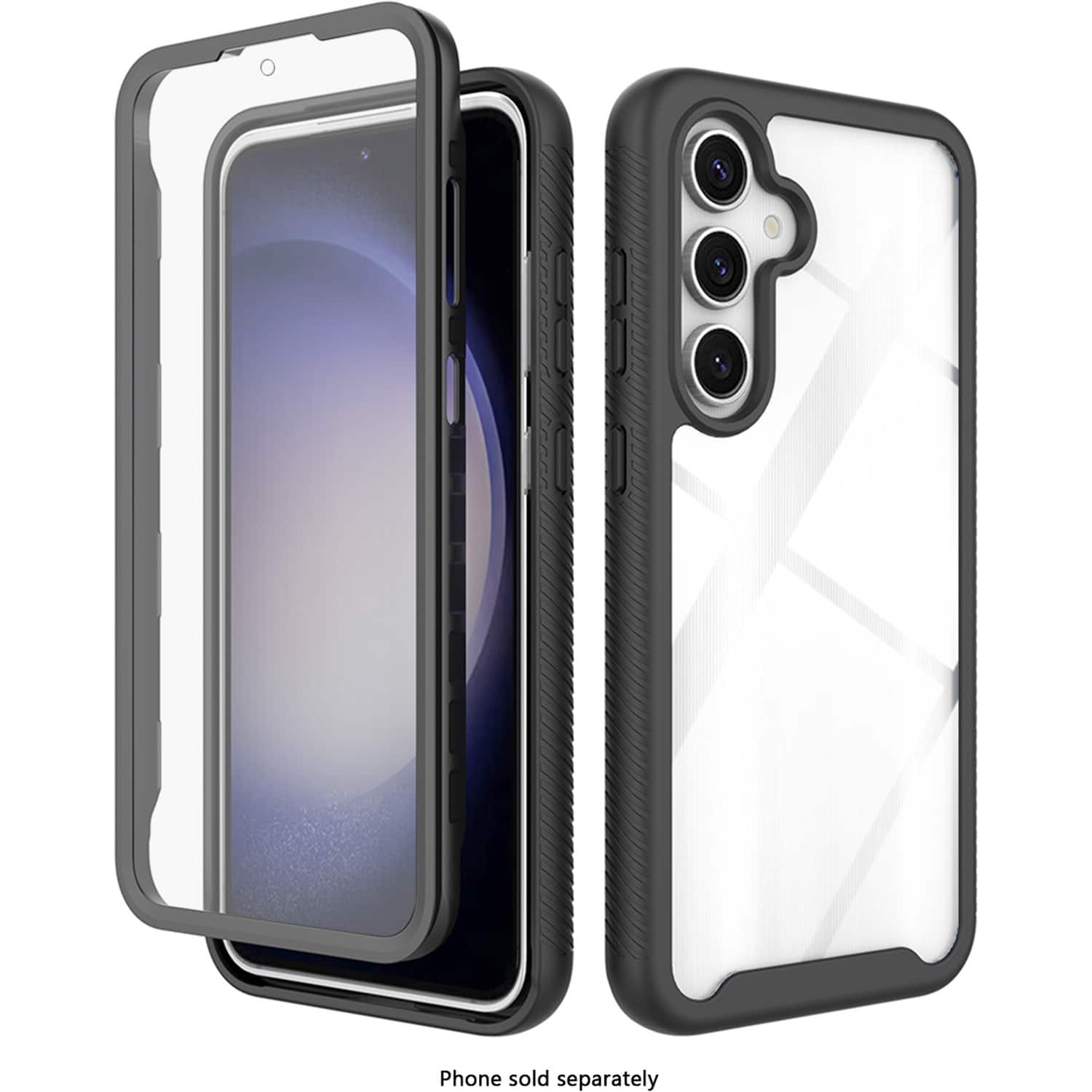 The image shows a phone case with a clear back and a black frame, which is designed to fit an iPhone. The case is displayed in a white background, and the phone is not included in the case. The text "iPhone sold separately" indicates that the phone is not part of the case and must be purchased separately.