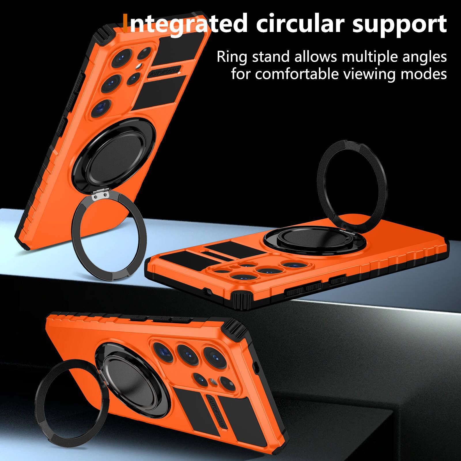 Integrated circular support  
Ring stand allows multiple angles for comfortable viewing modes