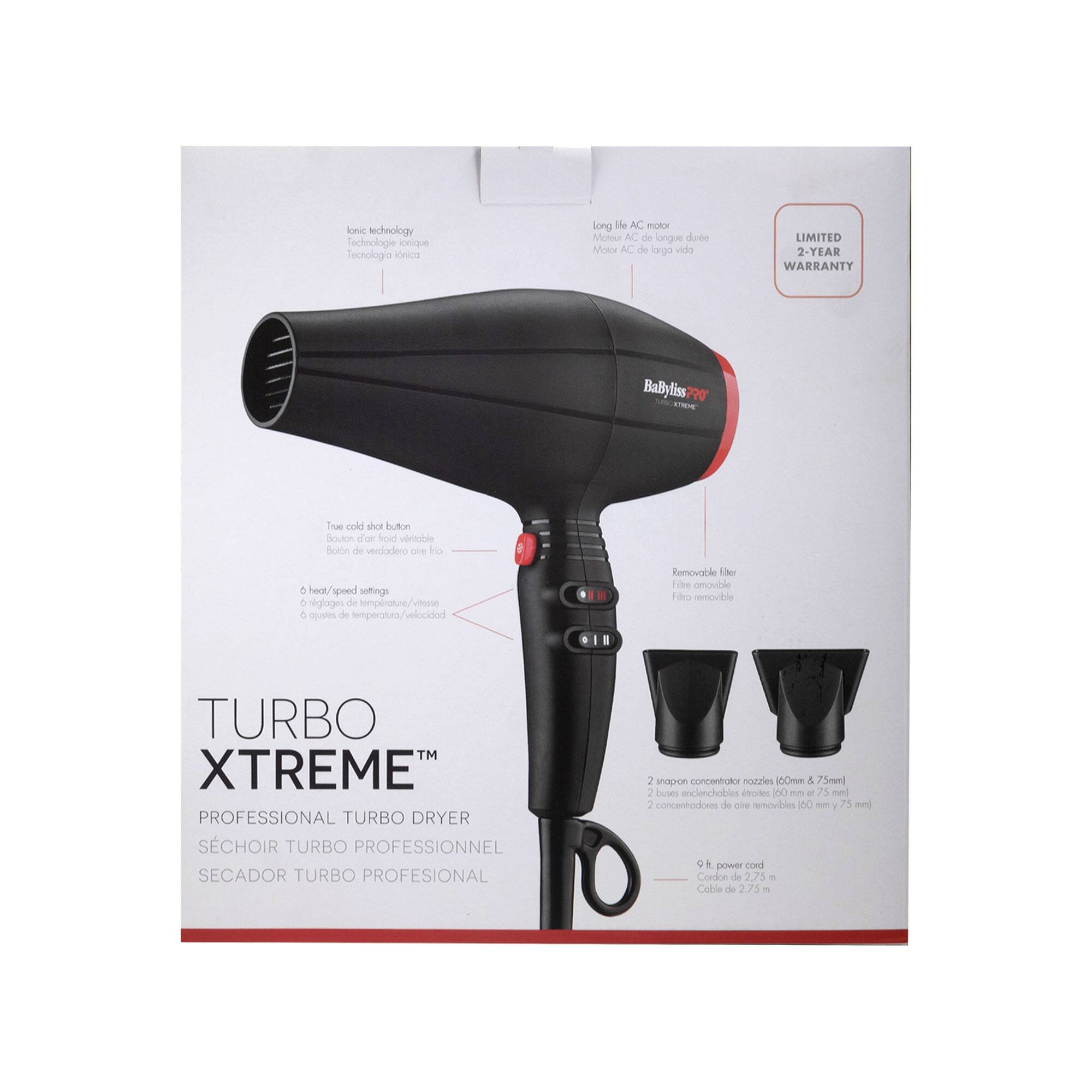 Ionic Technology  
Technologie Ionique  
Tecnología Iónica  

Long Life AC Motor  
Motor AC de larga vida  

Limited 2-Year Warranty  
Garantía Limitada de 2 Años  

True Cold Shot Button  
Botón de aire frío  

6 Heat/Speed Settings  
6 ajustes de temperatura/velocidad  

Removable Filter  
Filtro Removible  

Turbo Xtreme  
Professional Turbo Dryer  
Séchoir Turbo Professionnel  
Secador Turbo Profesional  

2 Snap-On Concentrator Nozzles (100mm & 25mm)  
2 buses enclenchables diodos (100 mm y 75 mm)  
2 concentradores de aire removibles 100 - 75 mm  

9 ft Power Cord  
Cable de 2.75 m