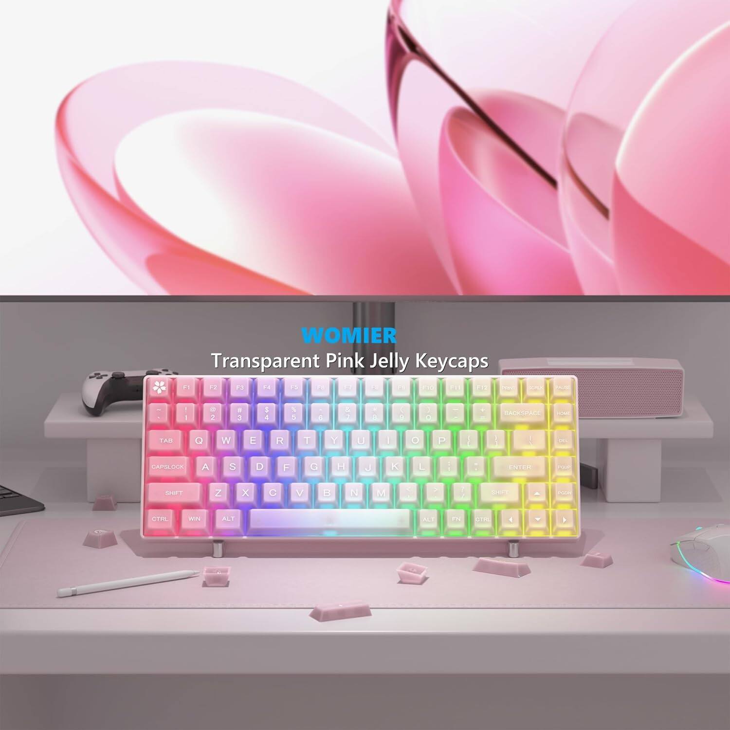 WOMIER Transparent Pink Jelly Keycaps

F1 12 F3 F4 - - L - - F1D C FE ey PA I e 1 1 5 4 5 5 . & 7 . E . D T + HAOKSPACE Suu PAI Q W F R T Y U I O P I 1 H DS CAPSLOCK A S D F G H J K L i ENTER TAP S01 Z X C V E N M - > 7 SO FVA CTHL w ALF ALS FN STER 4