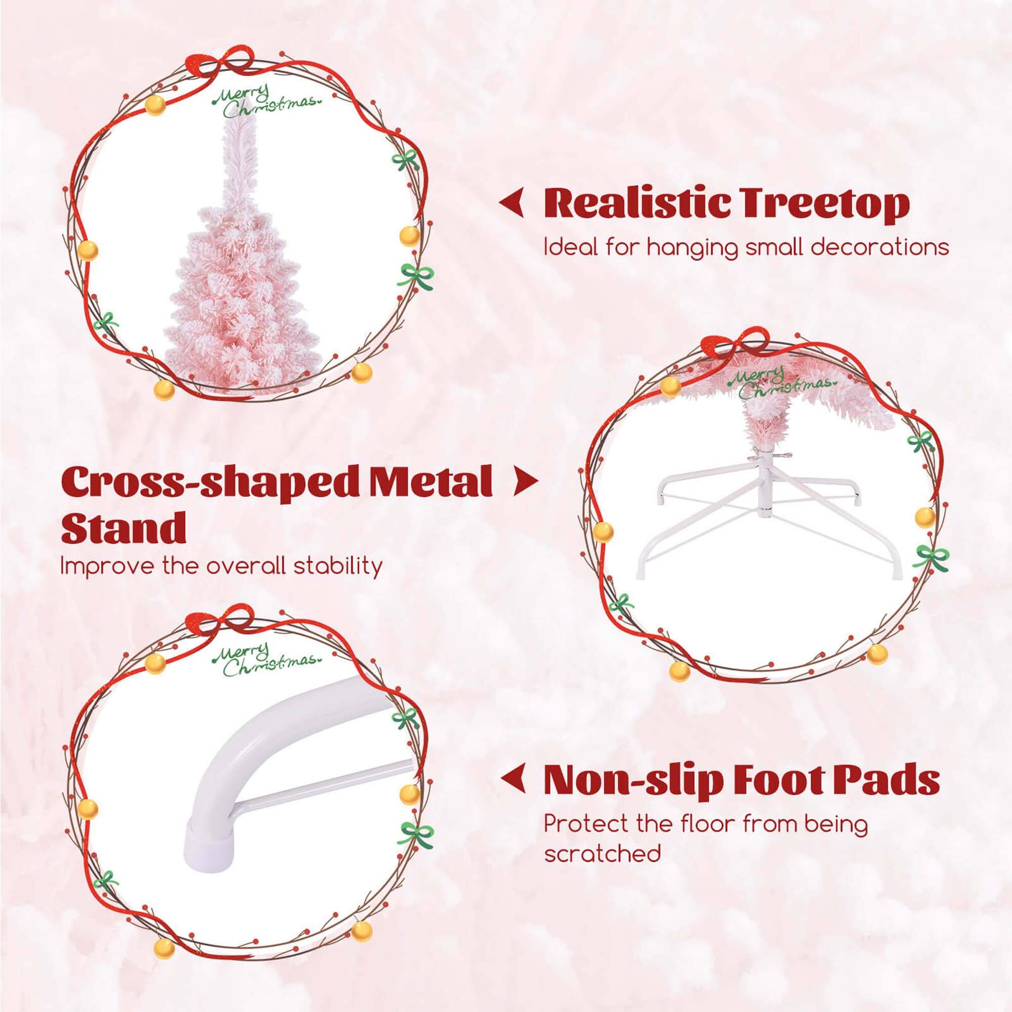 Merry Christmas. Realistic Treetop Ideal for hanging small decorations. Cross-shaped Metal Stand Improve the overall stability. Non-slip Foot Pads Protect the floor from being scratched.