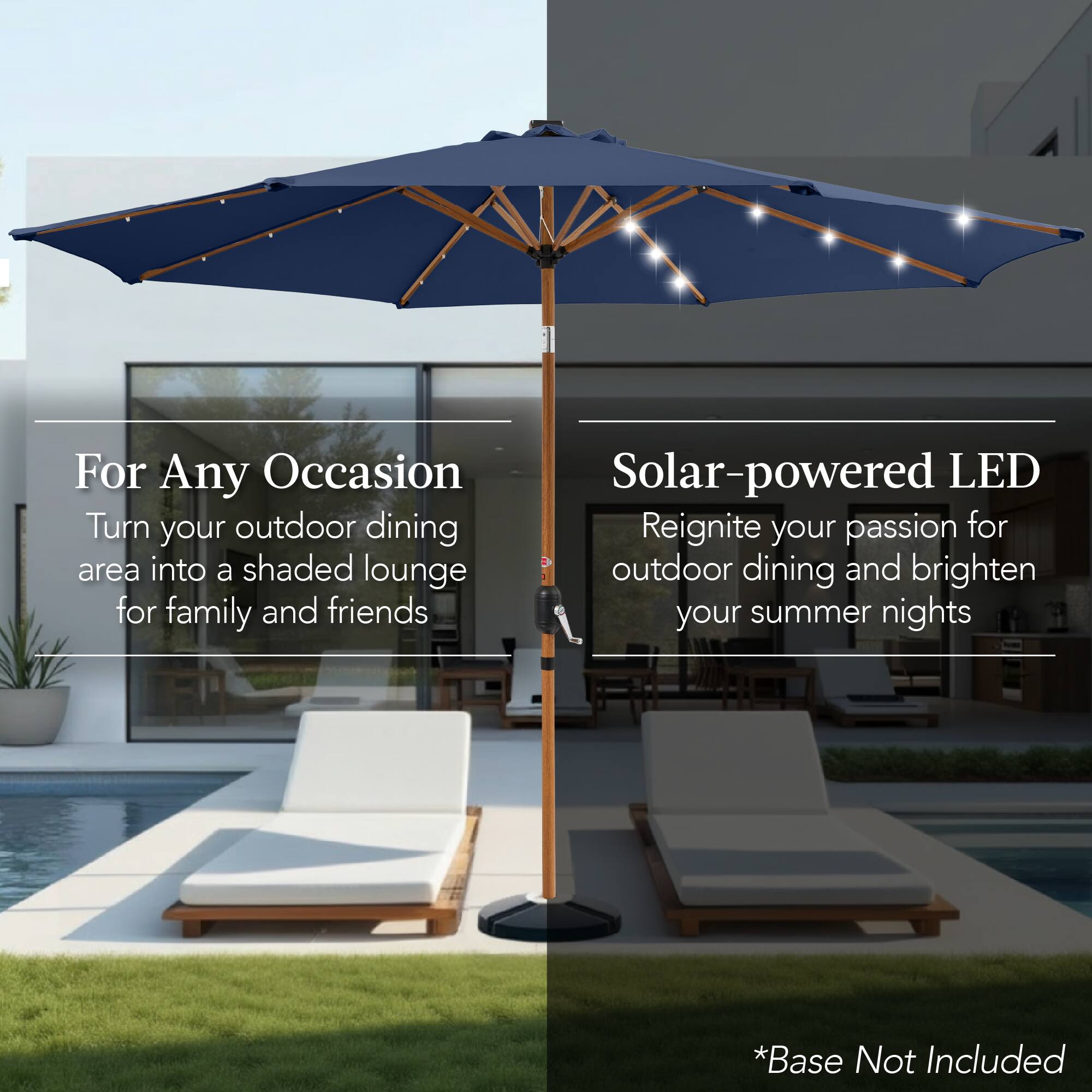 For Any Occasion: Turn your outdoor dining area into a shaded lounge for family and friends. Solar-powered LED: Reignite your passion for outdoor dining and brighten your summer nights. *Base Not Included.