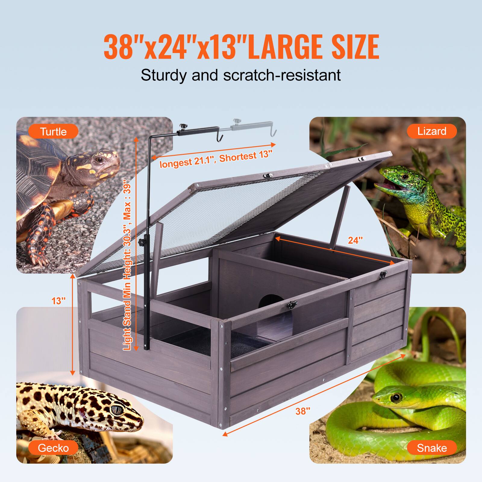 38" x 24" x 13" LARGE SIZE  
Sturdy and scratch-resistant  

- Turtle: Longest 21.1", Shortest 13"  
- Lizard: 24"  
- Gecko: 13"  
- Snake: 38"  

Light Sand Height: Min 13", Max 30.3"