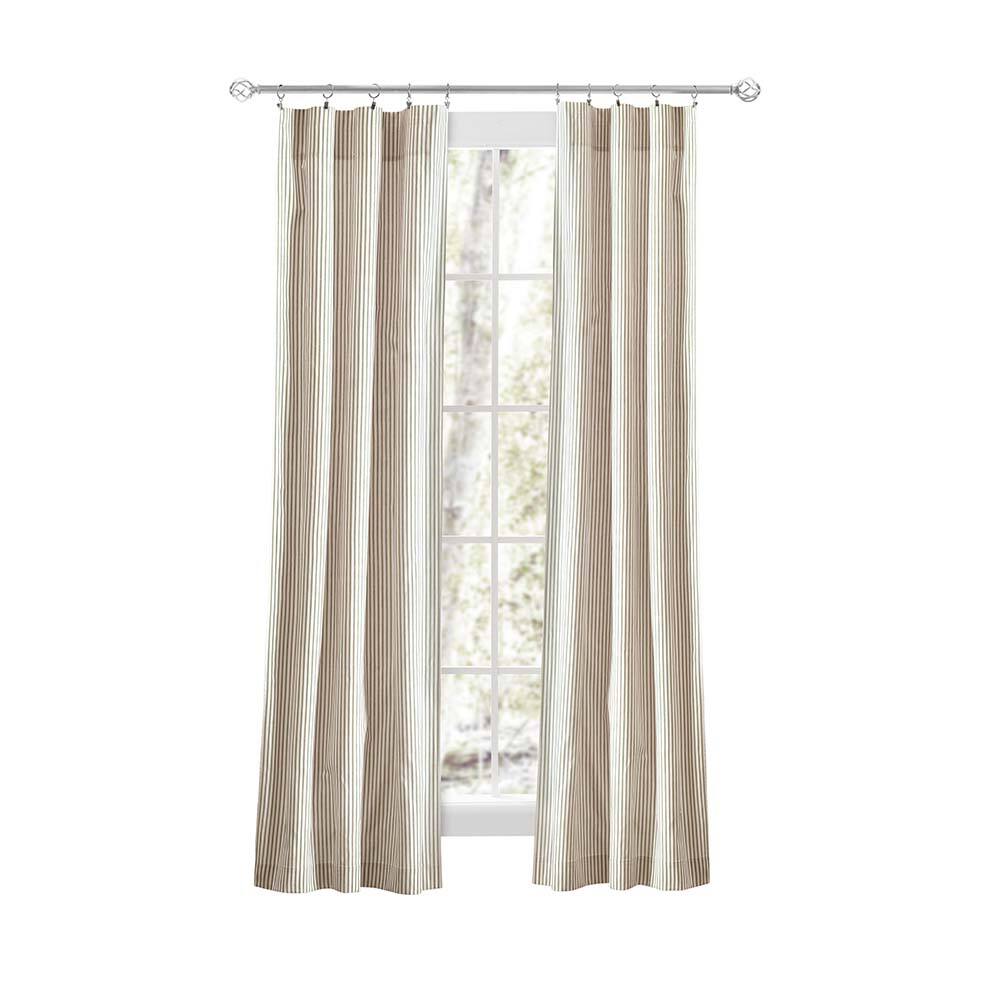 Front. Ellis Curtain - Ellis Curtain Plaza Classic Ticking Stripe Printed 3" Rod Pocket Tailored Panel Pair with Tiebacks 56" x 84" Tan - Tan.