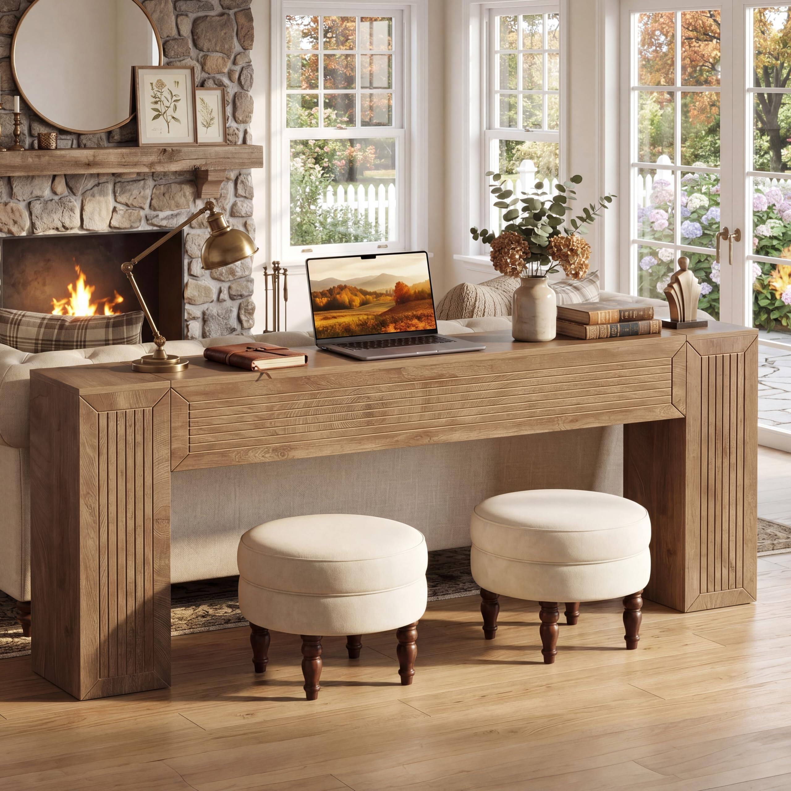 Back. Tribesigns - Extra Long Sofa Table, 79" Long Console Table, Farmhouse Entryway Table, Rectangular Behind Couch Table with Fluted Legs - Natural Oak.