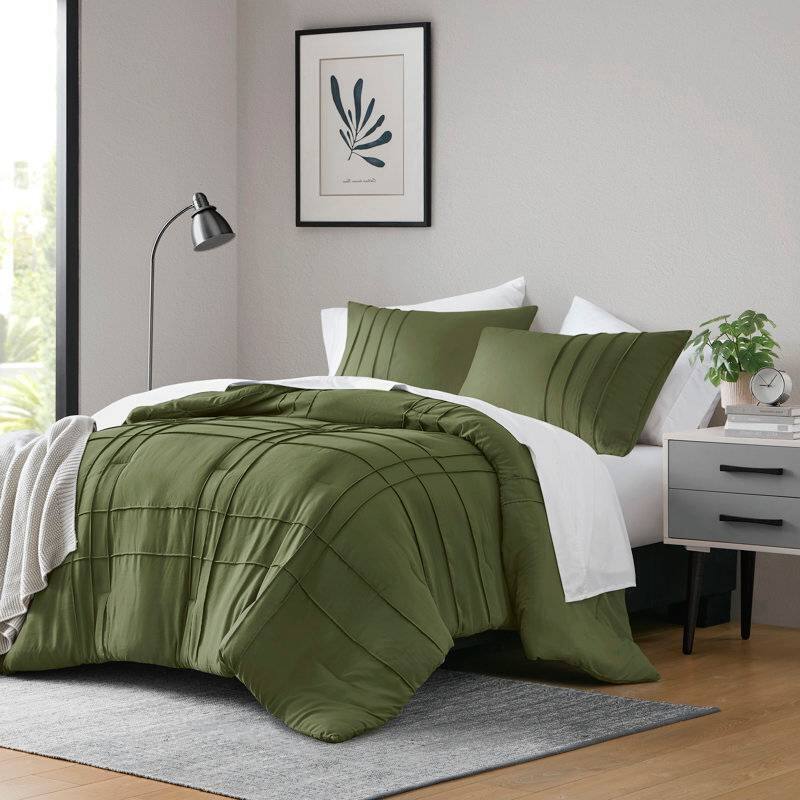 Angle. Hivvago - Twin/Twin XL Microfiber Pleated Soft Lightweight Comforter Set in Olive Green - Olive Green.